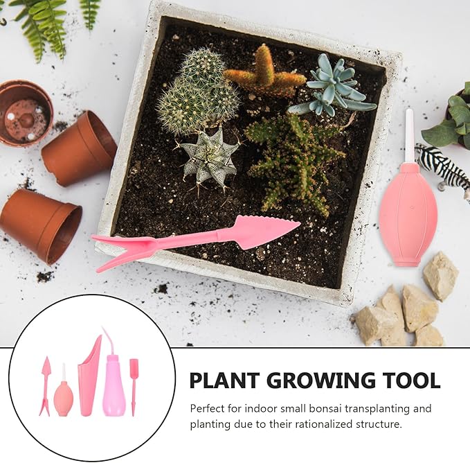 Toyvian Succulent Planting Tools Garden Gadgets Set with 5 Pink Hand Tools for Indoor and Outdoor Gardening, Bonsai and Planting Supplies for Home Garden Care