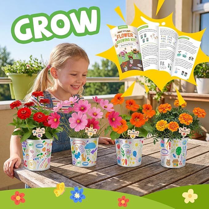 Paint & Plant Flower Growing Kit for Kids - Easter Gifts for Kids Gardening Set with 4 Pots - Unique Birthday, Crafts & Arts, Gardening Gifts for Girls & Boys, Ages 5, 6, 7, 8-12 Years Old