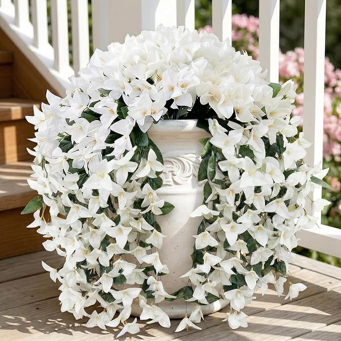 Artificial Flowers for Outdoors Fake White Bougainvillea Hanging Flower Decoration, 2Pcs Realistic Faux Silk Plants Long Trailing Vines, Spring Decor for Porch Patio Balcony Planter Yard