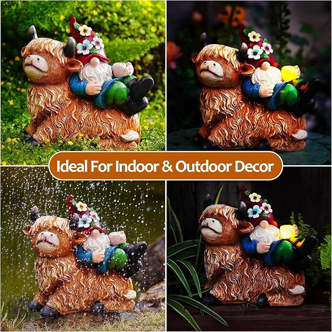 Pohabery Garden Gnomes Decor Outdoor Statues Gnome on Highland Cow Hold Solar Cup Light Outdoor Decorations for Patio,Yard and Gift for Mom