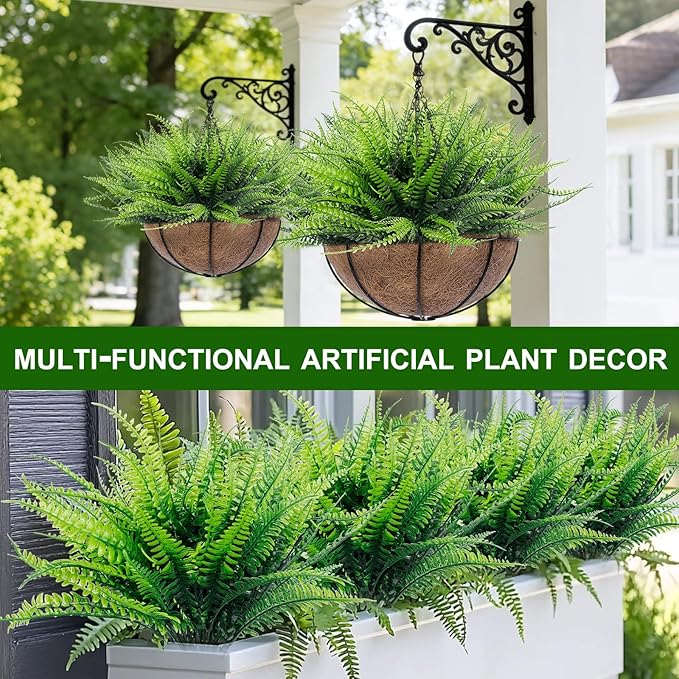 TURNMEON 8 Bundles Ferns Artificial Plants Outdoor 17 Inch Long Length Summer Decor, Artificial Flowers for Outdoors UV Resistant Fake Plants Plastic Faux Greenery Shrubs for Planter Home Garden Decor