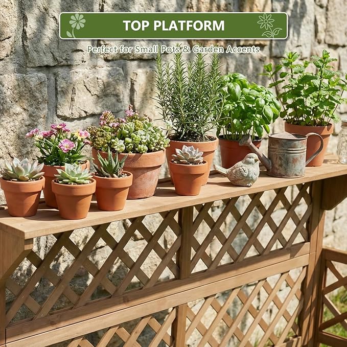 Raised Garden Bed with Trellis, 2-Tier Elevated Planter Box, Wooden Outdoor Planter for Vegetables Herbs Flowers, Lattice Back for Climbing Plants, Modern Minimal Design for Patio Balcony Backyard