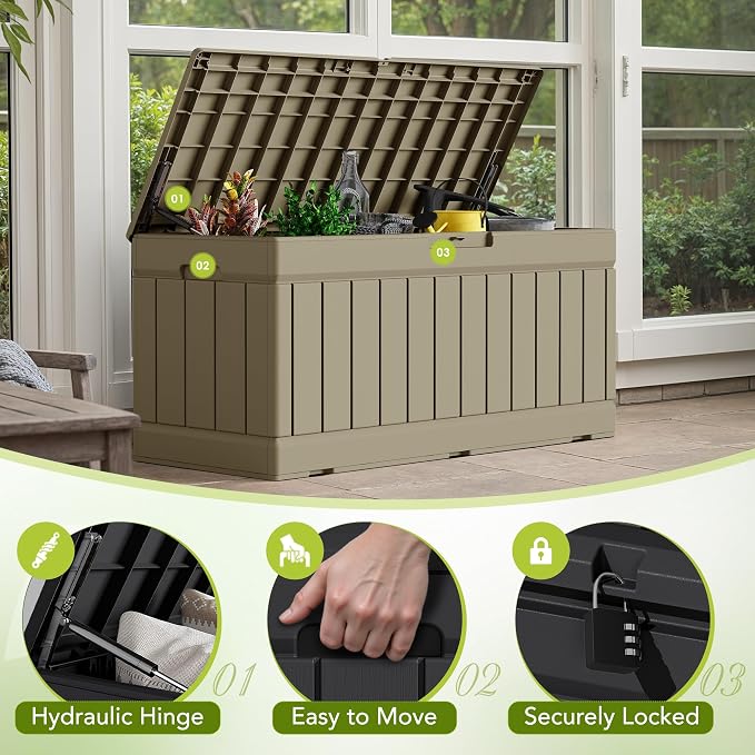 Devoko 78 Gallon Deck Box, Waterproof Resin Outdoor Storage Box for Outside and Patio, Outdoor Storage Bench Lockable for Patio Furniture, Garden Tools and Pool Supplies (Light Brown, 78 Gallon)