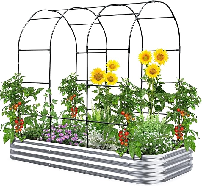 KING BIRD Raised Garden Bed with Arched Trellis Galvanized Planter Garden Box Outdoor for Gardening, Climbing Vegetables, Flowers 7.87x3.94x0.98 Ft, Silver