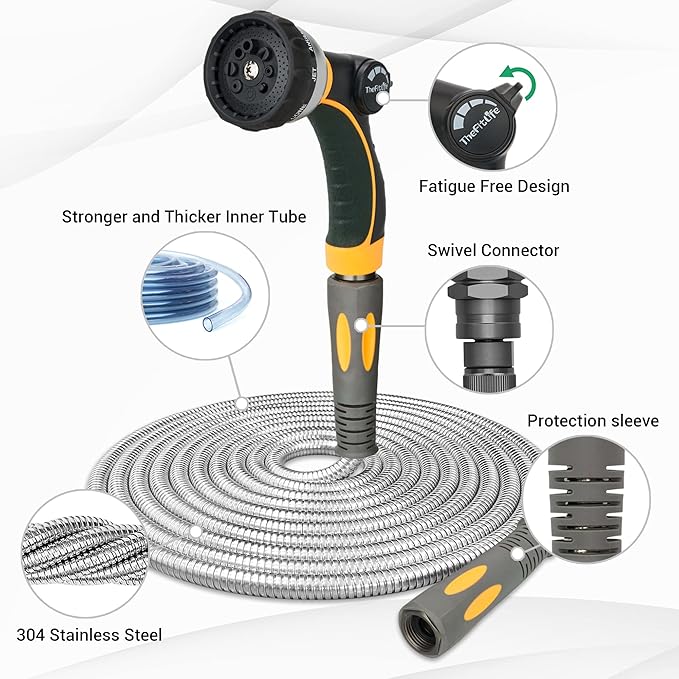 TheFitLife Flexible Metal Garden Hose - 50 FT Lightweight Stainless Steel Water Hose with Solid Fittings and Sprayer Nozzle - Leak Proof, Kink Free, Anti-rust, Large Diameter, Durable and Easy Storage