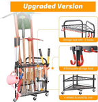 PLKOW Garden Tool Organizer with Wheels and Storage Hooks, Rolling Corner Tool Storage Rack for Garden, Shed, Garage, Powder Coated Steel, Black