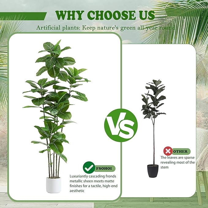 Ficus Tree Artificial Plants Indoor, 6FT Tall Fake Trees in White Pot, Large Potted Silk Floor Plant Artificial Trees, Green Lifelike Faux Ficus Tree for Home Room Office Porch Decor-Green