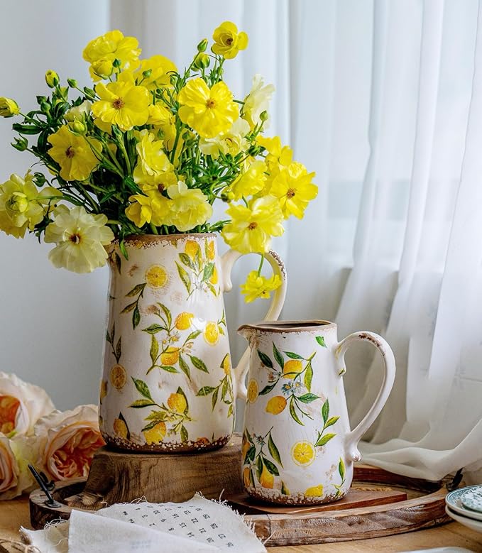 Vintage Lemon Ceramic Vase with Handle, Retro Ice Glazed Crack Farmhouse Pitcher Vase for Home Decor, Living Room, Shelf, Office, Rustic Table Centerpiece 7 Inch