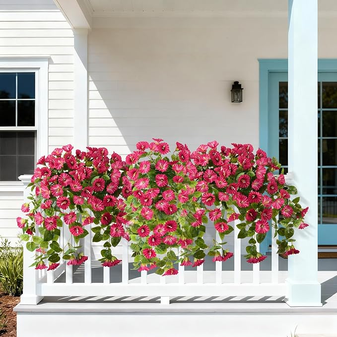 Homsunny Artificial Fake Flowers Plants UV Resistant, Faux Petunias Silk Flowers for Outdoors No Fade, Fake Outdoor Flowers for Planters Spring, Realistic Home Garden Balcony Yard Decor (Red)