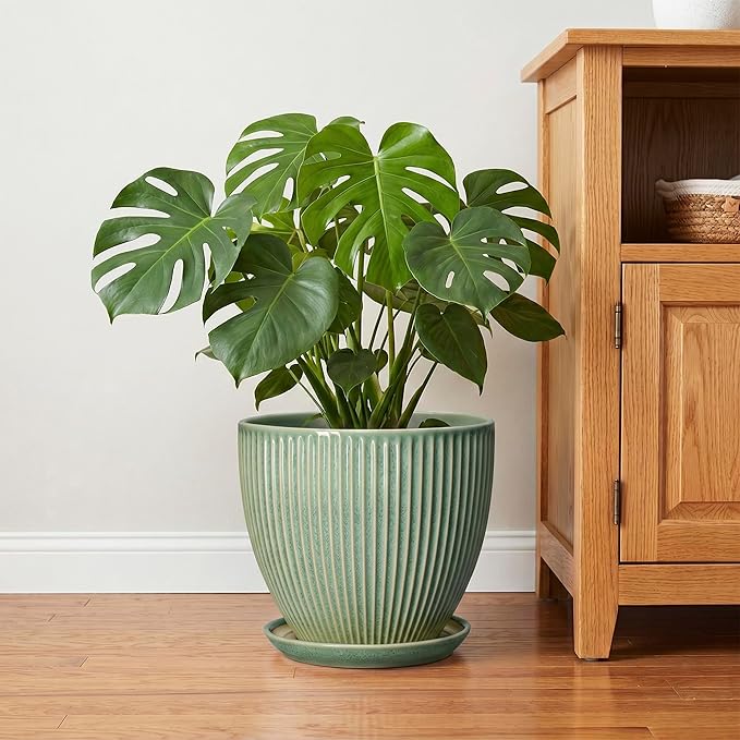 Ceramic Flower Pots, 10 Inch Plant Pot for Indoor Plants, Modern Round Planters with Drainage Hole and Saucer, Decorative Pots for Plants Indoor, Garden Home Decor, Plant Lover Gifts, Green