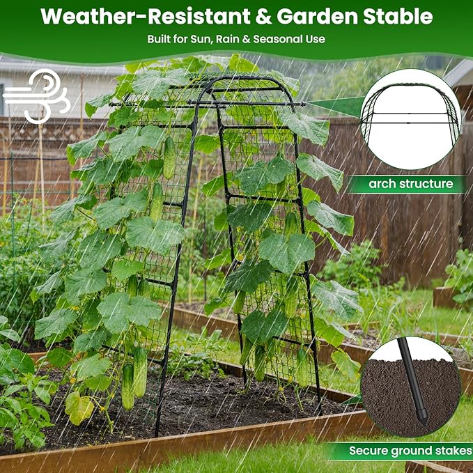 7.2FT Garden Arch Trellis for Climbing Plants, Heavy Duty 66" Wide Walk-Through Metal Arch with Netting, Wind-Resistant Vertical Garden Support for Cucumbers, Roses, Beans, Squash (33" Arch)