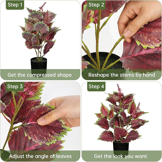 Artificial Plants Indoor with Pot 16.9" Faux Potted Perilla Plants Indoor Decorative Silk Greenery in Black Pot for Farmhouse Home Bathroom Living Room Office Table Shelf Decor