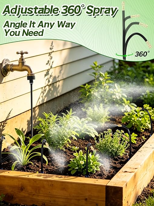 49ft Drip Irrigation System - Includes 15pcs 360° Adjustable Sprayers, 5/16" PE Tubing, 1/2" & 3/4" Faucet Adapters, Automatic Garden Watering Sprinkler System Kit for Raised Bed Plants Lawn