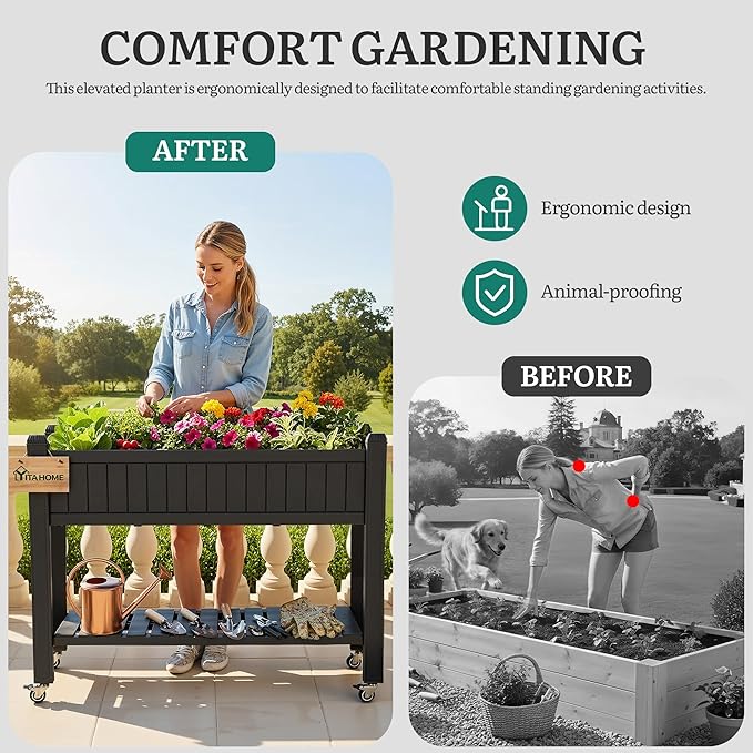 YITAHOME 42.5x17.3x35.4 in Raised Garden Bed, Outdoor Plastic Planter Box with Wheels, Legs, Drain Plug, and Storage Shelf for Plants, Vegetables, Flowers, Herbs, Black