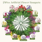 SHareconn 24 Bundles Artificial Flowers for Outdoors Decoration, Faux Plants Fake Silk Colorful Daisy Eucalyptus Lavender, UV Resistant for Outside Home Porch Indoor Spring Decor, 6 Colors incl. Red