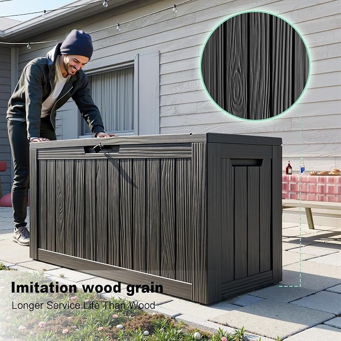 86 Gallon Deck Box, Lockable Waterproof Outdoor Storage Boxes For Garden Tools,Indoor Cushions,Accessories Outside Storage Resin Weatherproof Container(Black)