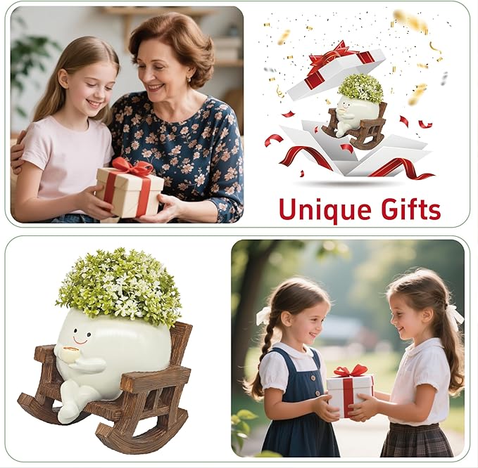 Smiley Face Planter Pot, Cute Coffee Plant Pots for Indoor Outdoor,Unique Rocking Chair Plant Pot for Succulents Plants Live with Drainage Hole,Gift IdeaI for Mother and Appreciation Christmas (Large)