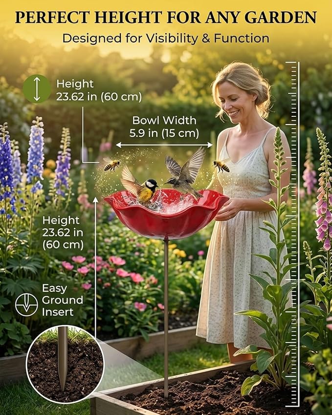 2026 Handmade Metal Flower Garden Stake with Bee Bath & Bird Water Bowl 24in Birdbaths Butterfly & Pollinator Flowers Watering Station Rain Catcher Decor Outdoors Yard Art Fountain Water Feeder