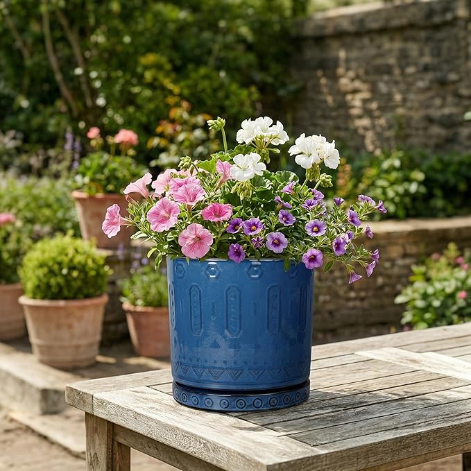 Ceramic Planter, 6 Inch Plant Pot with Drainage Hole and Tray, Round Flower Pots for Indoor Outdoor Plants, Boho Decorative Pots for Plants, Bookshelf Decor, House Warming Gift, Blue