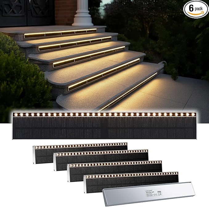 SHONELIGHTING Solar Step Lights for Outside, 33 Focused-Beam High-Brightness LEDs, Waterproof Aluminum Outdoor Stair Light for Risers, Curbsides, Poolsides, Planter Edges (Warm White, 6Pack)