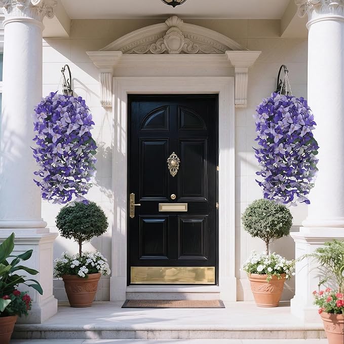 Artificial Flowers for Outdoors Fake Purple Bougainvillea Hanging Flower Decoration, 2Pcs Realistic Faux Silk Plants Long Trailing Vines, Spring Decor for Porch Patio Balcony Planter Yard