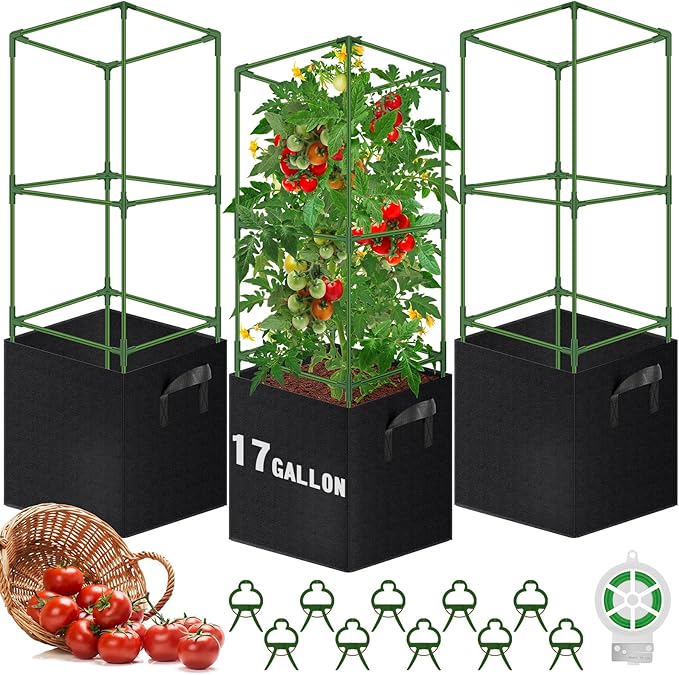 WLLEYAY 3 Pack Square Tomato Cages with 17 Gallon Grow Bags, 46'' Upgraded Heavy Duty Steel Garden Plant Support Stakes Kit, Flowers Vegetable Trellis for Vertical Climbing Plants Vines