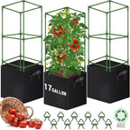 WLLEYAY 3 Pack Square Tomato Cages with 17 Gallon Grow Bags, 46'' Upgraded Heavy Duty Steel Garden Plant Support Stakes Kit, Flowers Vegetable Trellis for Vertical Climbing Plants Vines