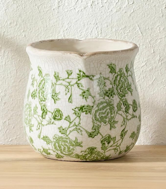 DREAMLOOM Vintage Ceramic Planter for Indoor Plants,6.1" Ice Crack Cottage Scroll Vase Tuscan Decor Flower Pots with Drainage Holes Home Kitchen Farmhouse Antique Decorative Gift (Green-Corrugated)