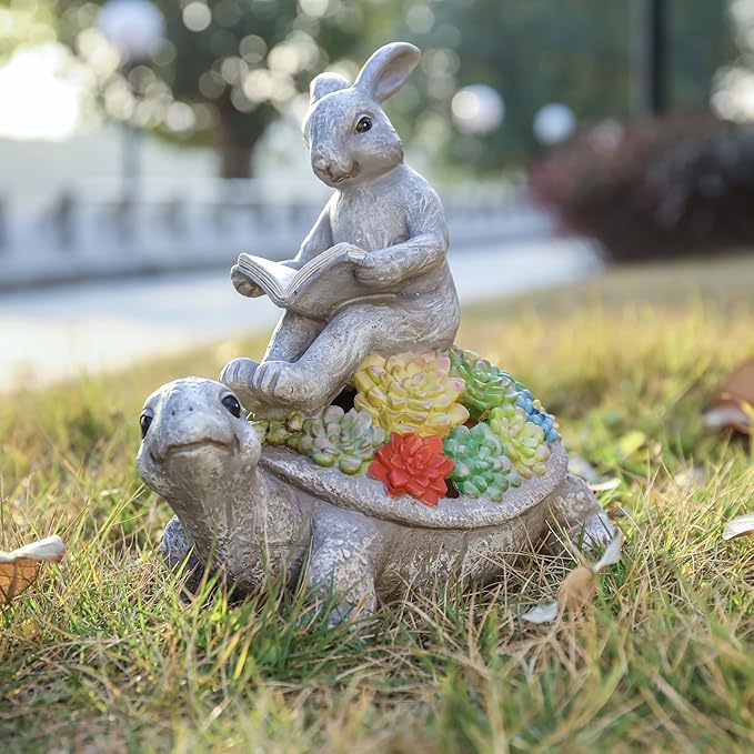 TERESA'S COLLECTIONS Garden Decor, Rabbit Turtle Garden Decor, Cute Bunny and Tortoise with Solar Light, Waterproof Resin Garden Statue, Rabbit Turtle Gifts, Birthday Gifts for Women Mom 6.3"