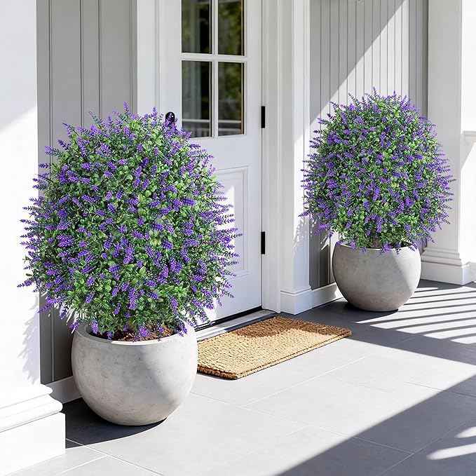 26'' Artificial Boxwood Topiary Trees with Lavender Flowers 2 Pack Fake Plants for Outdoor Indoor Artificial Shrubs with Metal Ground Spike UV Resistant Fake Bushes for Front Porch Garden, White
