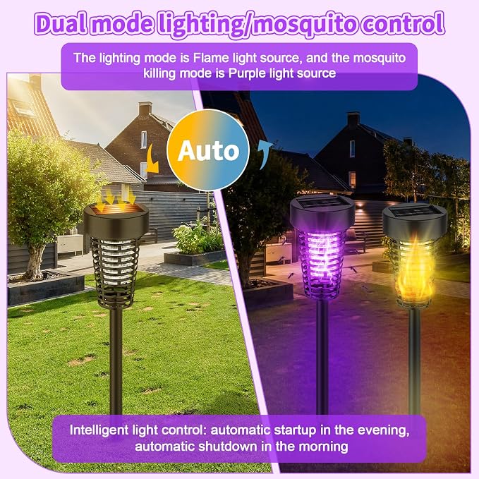 Qualirey 4 Pack Solar Bug Zapper Outdoor Waterproof Mosquito Repellent Killer Bug Zapper Lamp with LED Light for Outdoor Garden Patio Yard (Purple and Flame Light,Black)