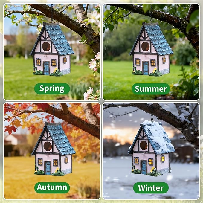Bird Houses for Outside Pink Cottage Resin Birdhouse, Garden Outdoor Decor Bird House with Flower and Stone Details, Birdhouses for Outdoors for Bluebird Finches Cardinals