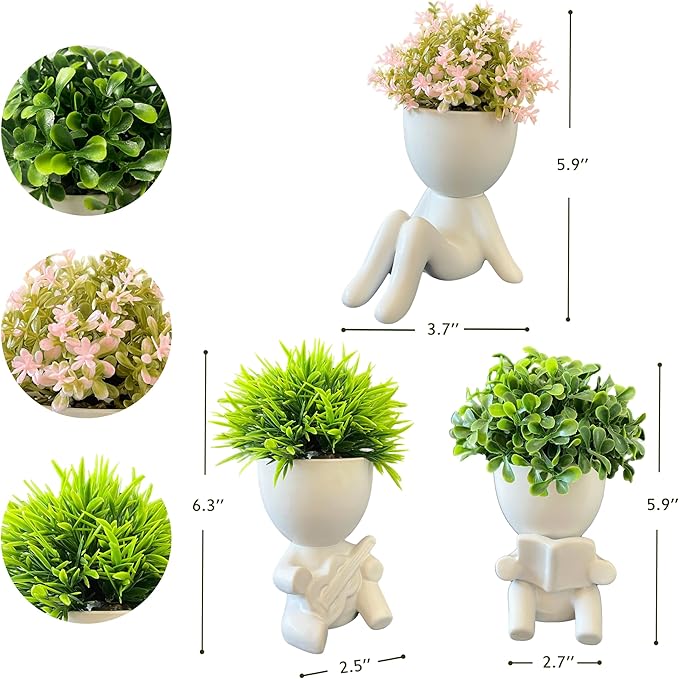 3 Packs Creative Small Fake Plants Artificial Succulents in Ceramic Human Shaped Pots Cute Office Plants For Desk Home Decor Funny Premium Ceramic Faux Succulent Perfect Humorous Gift Idea(3, White)