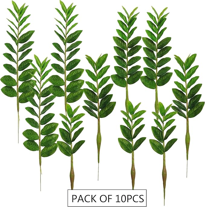 Pack of 10 - Artificial Plants Real Touch Faux ZZ Plant Stems Zamioculas Zamiifolia Tropical Greenery Houseplant for Home Office Aesthetic Decor Indoor and Outdoor (Green)