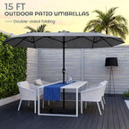 DomeShade 15ft Patio Umbrella with Base,Large Outdoor Double-Sided Rectangle Umbrella with Crank Handle, Market Umbrella for Poolside Garden Deck Backyard Beach Pools, Gray