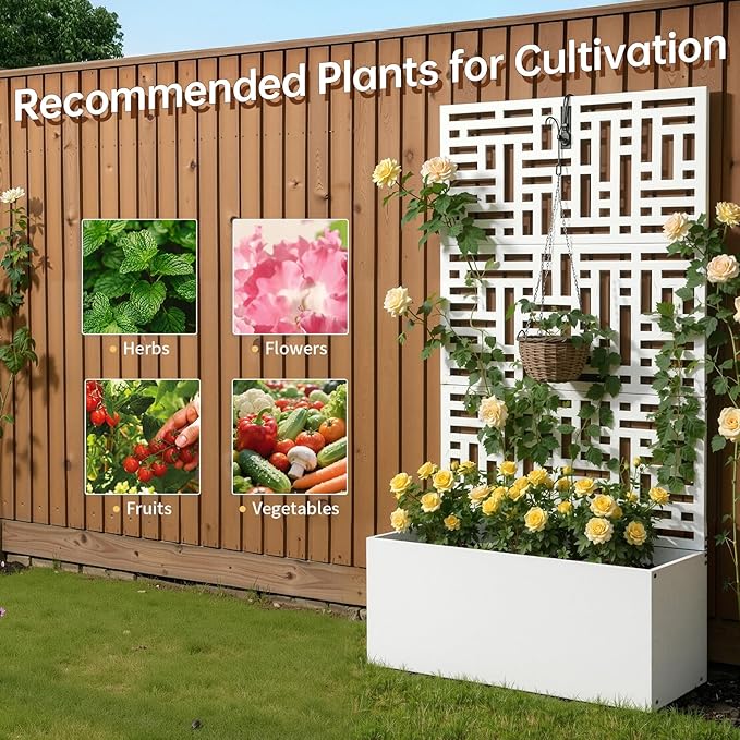 Outvita Metal Planter Box with Trellis, 71’’ x 36’’ x 16’’ Raised Garden Bed with Drainage Holes for Climbing Plants, Vegetables, Vines, Privacy Planters for Patio (White)