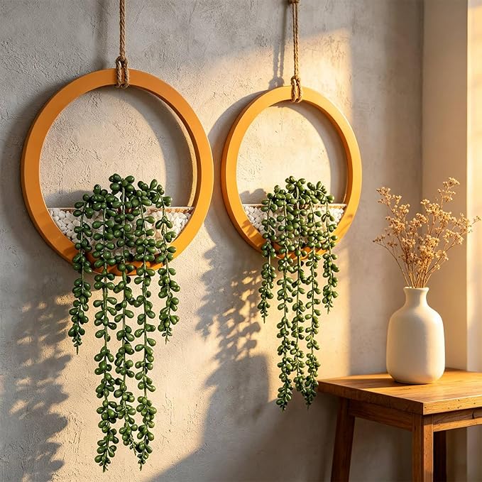 Boho Wall Decor, 2Pcs Fake Hanging Plants Artificial Succulents, Indoor Hanging Planter Greenery Decor, Perfect for Bathroom Living Room Bedroom Office Washroom, Faux Succulent Wall Floating Plants