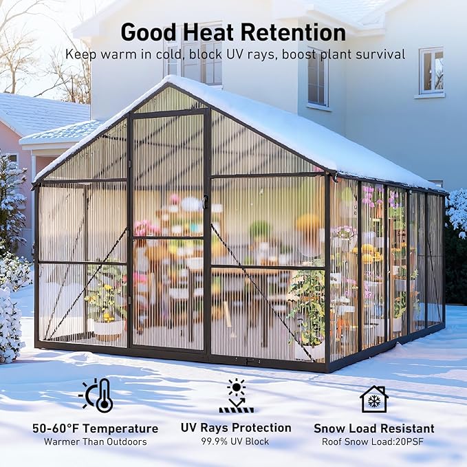 8x10FT Greenhouse Kits with Hygrometer, Polycarbonate Green Houses for Outside Heavy Duty with Aluminum Frame, Walk in Greenhouses with Drainage Channel Roof Vent for Backyard or Garden Use