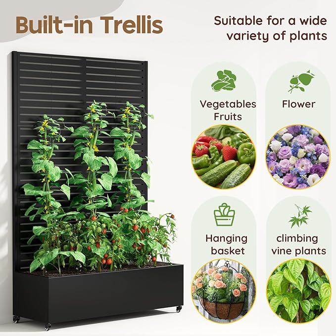 Metal Planter Box with Trellis,72"x47"x15.7",Galvanized Raised Garden Bed Trellis Outdoor Planter with Privacy Screen & Wheels and Drainage Holes,for Patio Climbing Vegetables,Flowers,Vines,Black