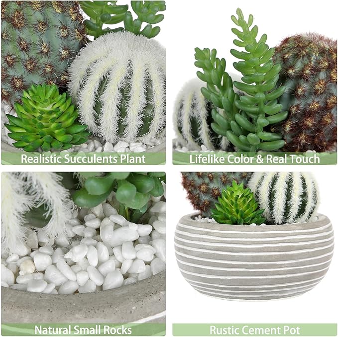Artificial Cactus Plants Indoor, 5.5" Assorted Small Faux Succulent in Pots Fake Potted Desk Plant with Concrete Bowl Mini Succulents Artificial Cactus Decor for Home Office Bathroom Table Shelf
