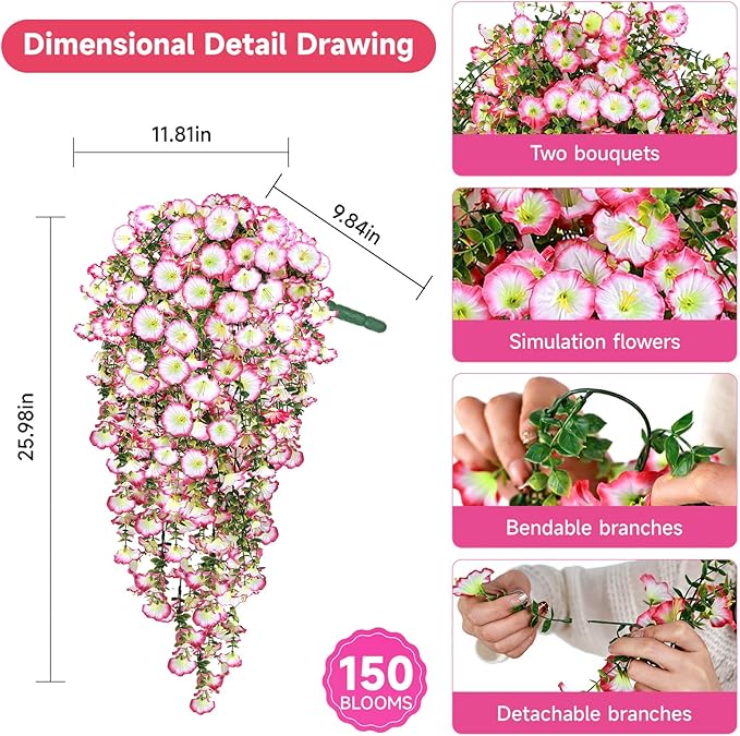 Artificial Hanging Flowers for Outdoors, 4 PCS 600 Blooms UV Resistant Morning Glory Faux Silk Vines, No-Odor Realistic Fake Plants for Garden Planter Porch Patio Decoration, Pink