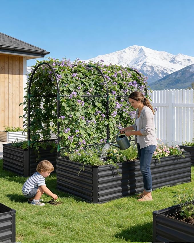 FOOWIN Raised Garden Bed with Arch Trellis for Climbing Plants,Galvanized Raised Garden Bed,Planter Boxes Outdoor for Vegetables Flowers Herb,478 Gallon Capacity Black