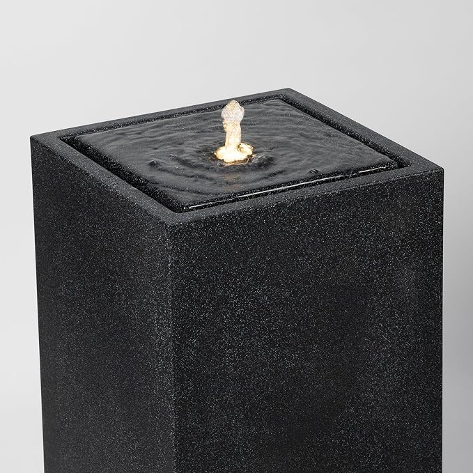 25.98” H Outdoor Water Fountain Made with Eco-Friendly Recyclable Materials, Polyethylene Square Bubbler Outdoor Fountain, Garden Decor with LED Light for Patio, Porch, Backyard (25.98”)