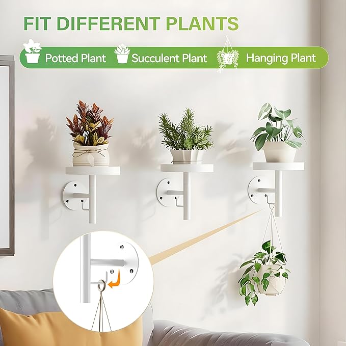 DELLAN Wall Plant Holder, 3 Pack Metal Wall Planters Stand Floating Shelves for Indoor Plants, Window Sill Plant Decor for Bedroom, Bathroom, Living Room, Home, Office, All White
