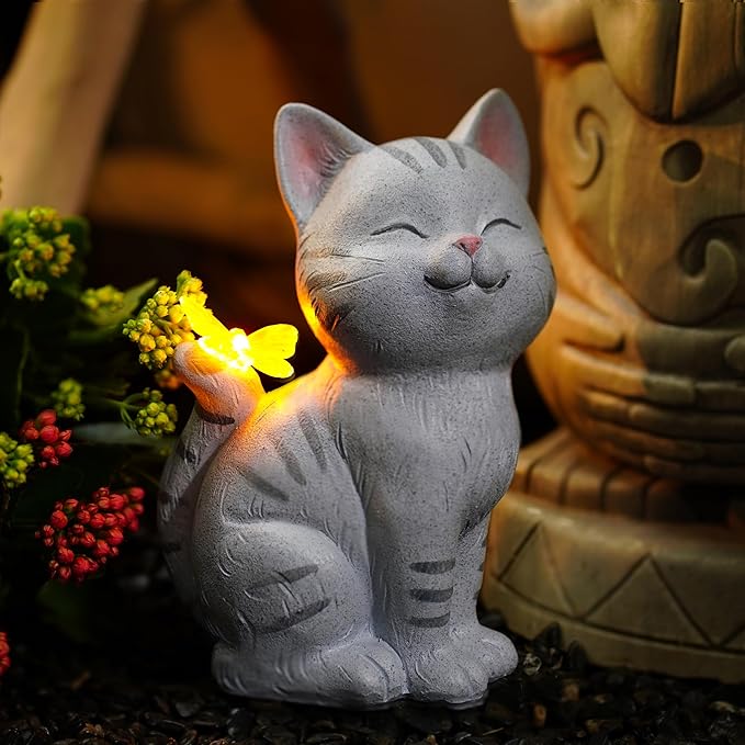 Solar Garden Statue Cat with Glowing LED Butterfly, Waterproof Resin Outdoor Decor Light, Whimsical Yard Art for Patio Balcony Porch, for Mom Women Friends