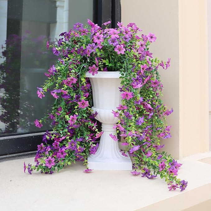 Artificial Hanging Flowers for Outdoors, 4 Pack Fake Hanging Plant for Spring Summer Decor, UV Resistant Faux Silk Flower for Planter Front Door Porch Patio Yard Garden (Double Purple)