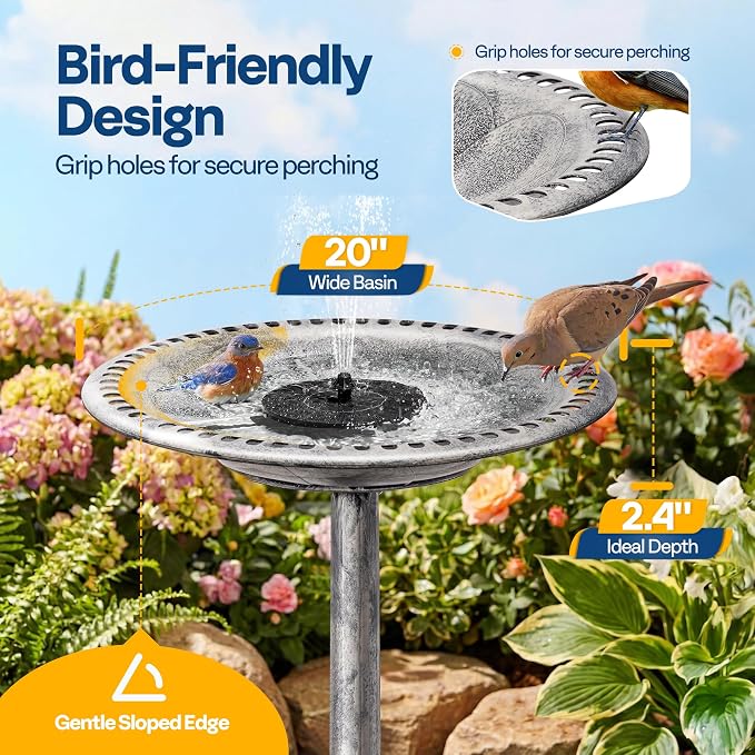 VIVOHOME Bird Bath with Solar Fountain for Outside, Polyresin Pedestal Bird Baths with Solar Powered Pump for Outdoor, Garden, Weather-Resistant Birdbaths with 20" Bowl, Gray