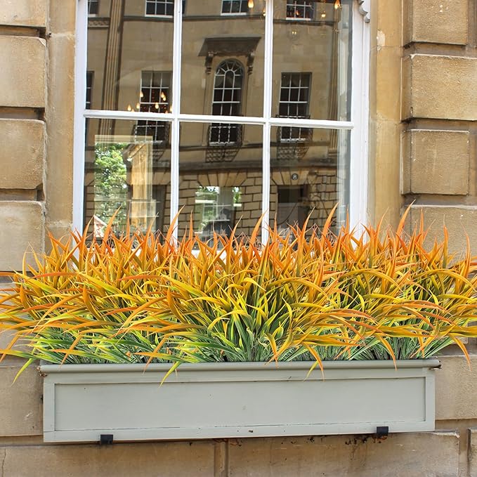 Ouddy Decor 16 Bundles Artificial Plants Outdoor Fake Grass Greenery Stems UV Resistant Faux Plastic Plants Shrubs for Spring Summer Garden Pathway Window Box Farmhouse Front Porch Home Decor, Orange