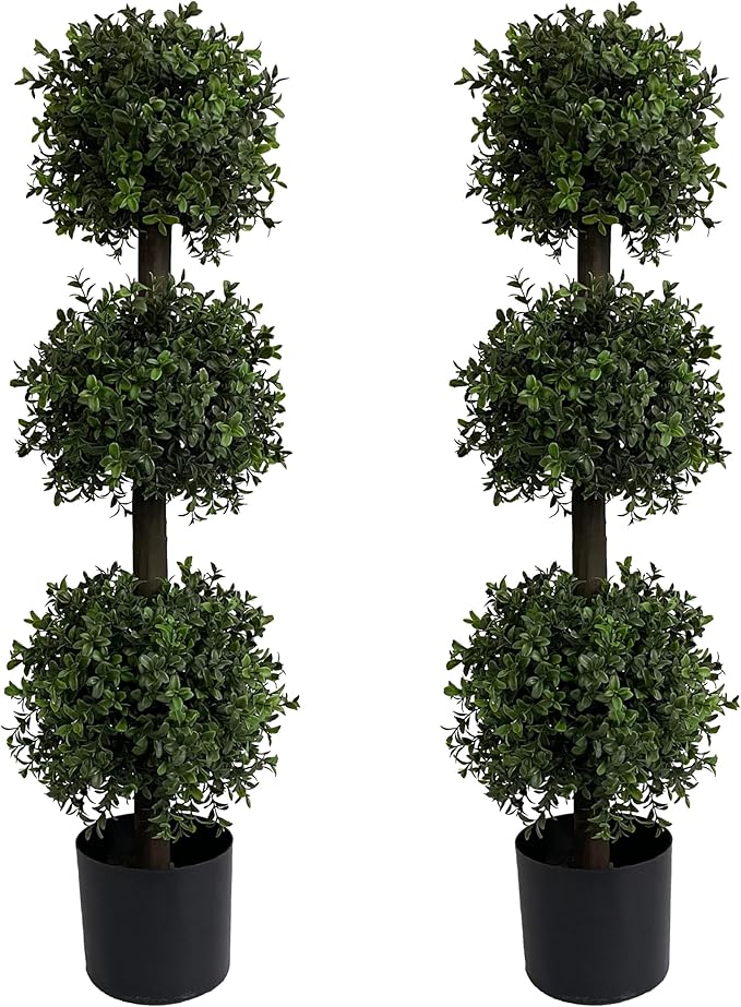 ALL SEASON GREEN 2 Pack 3ft Artificial Outdoor Boxwood Topiary Trees, UV Resistant Triple Ball Shape Fake Plants