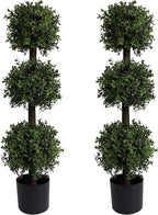 ALL SEASON GREEN 2 Pack 3ft Artificial Outdoor Boxwood Topiary Trees, UV Resistant Triple Ball Shape Fake Plants